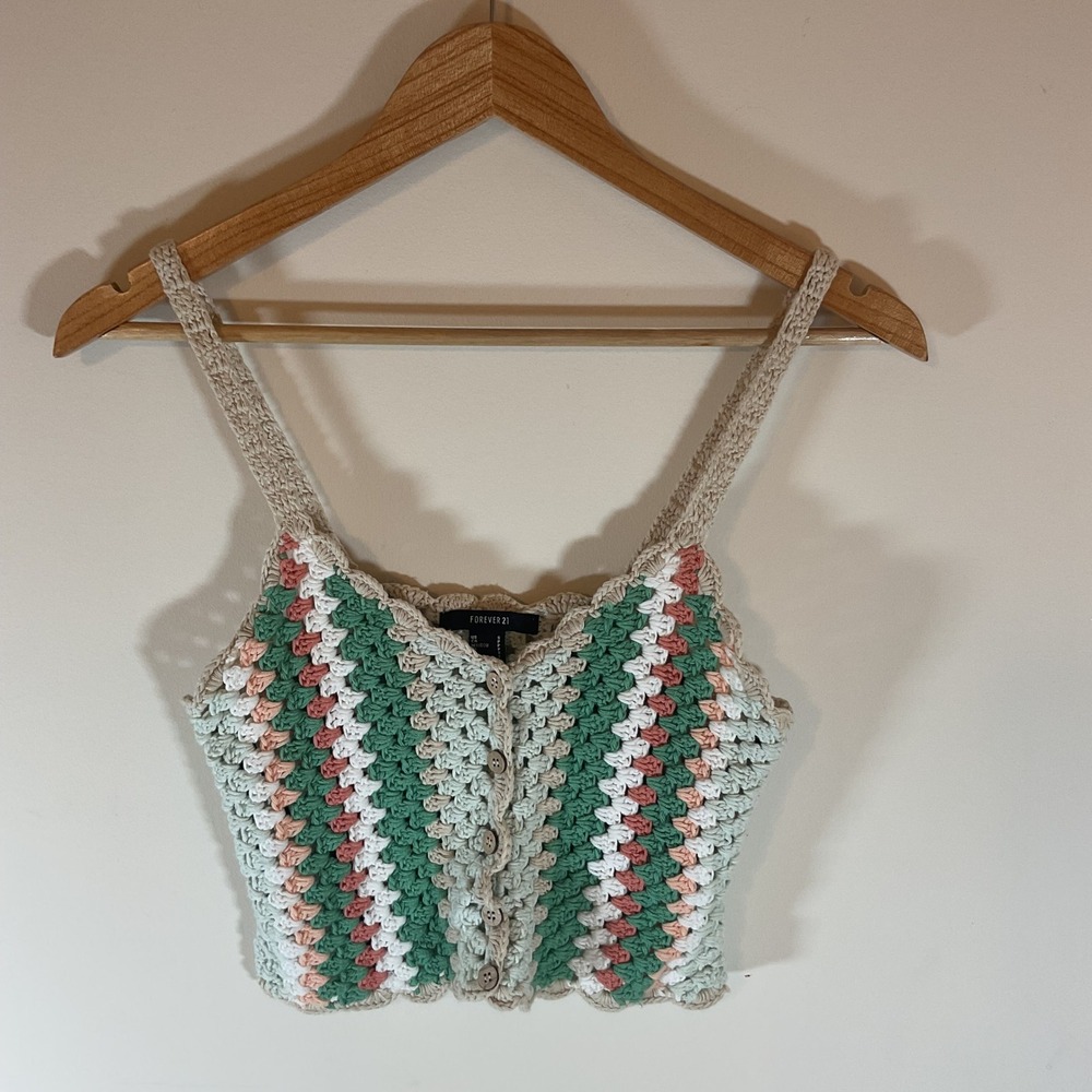 Forever 21 Crochet Crop Top Small Green Peach Striped Button Front Boho Camisole